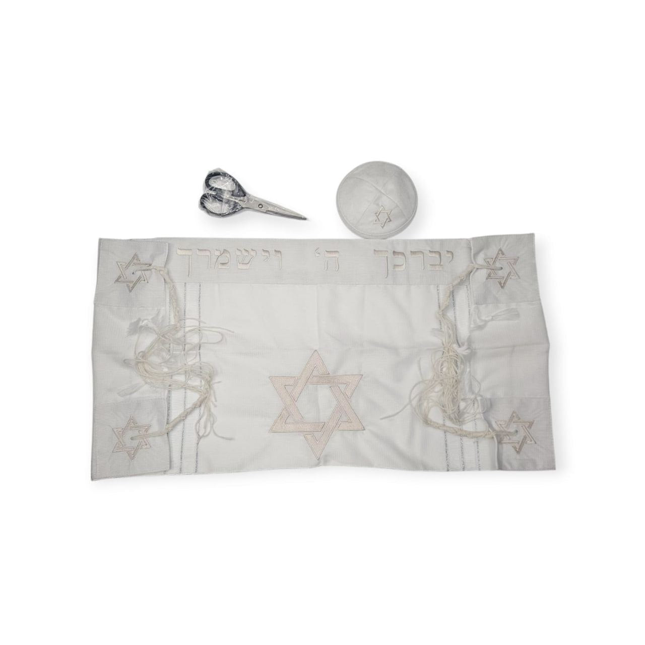 סט חלאקה מהודר – טלית, כיפה ומספריים במארז מעוצב בצבע רוז