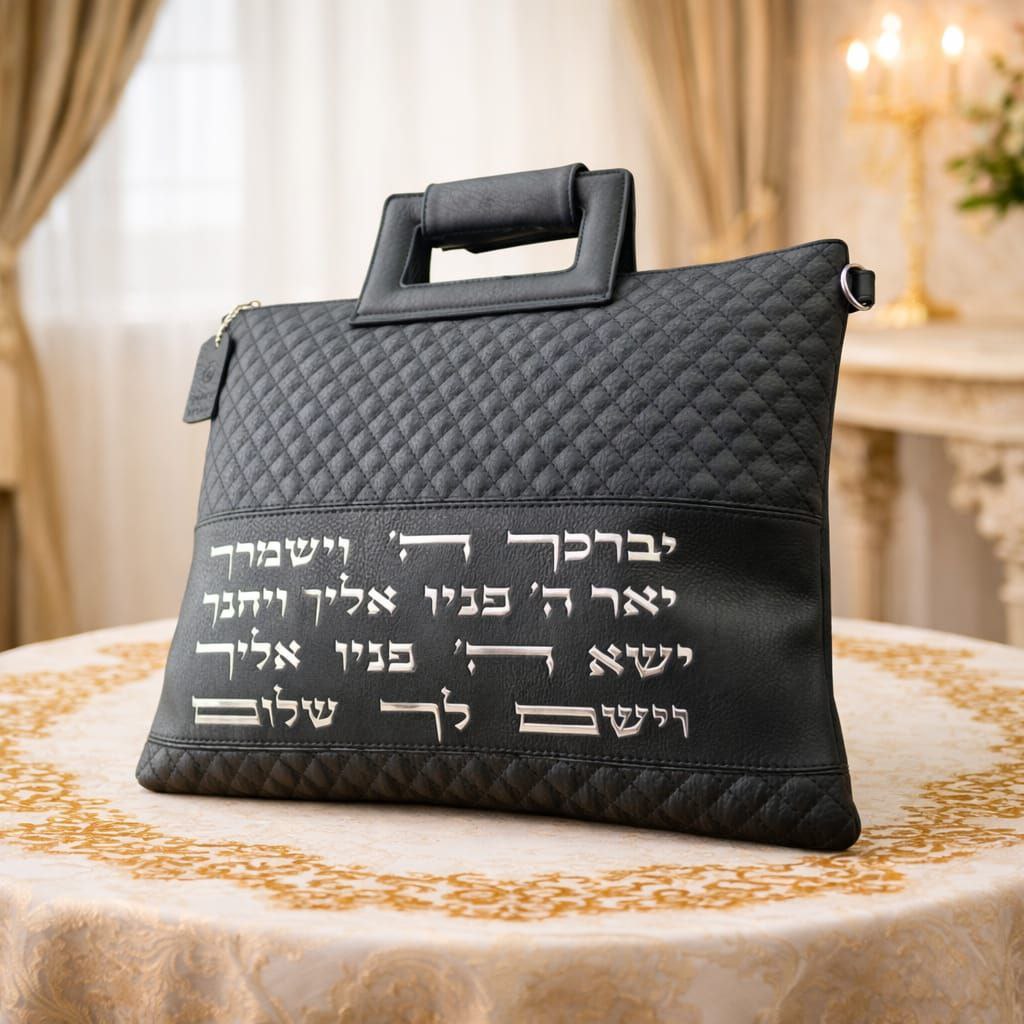 סט תיקים לטלית ולתפילין – דמוי עור שחור עם ברכת הכהנים