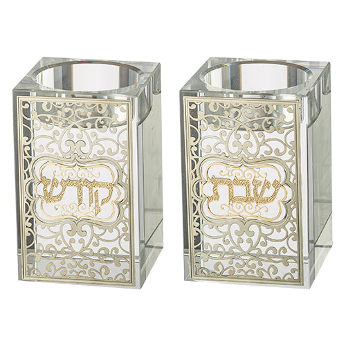 זוג פמוטים קריסטל מרובעים עם פלקטת עיטור