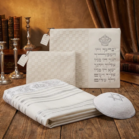 סט טלית ותפילין דמוי עור "יברכך" כסף