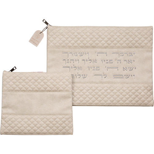 סט טלית ותפילין דמוי עור אפור "יברכך" כסף