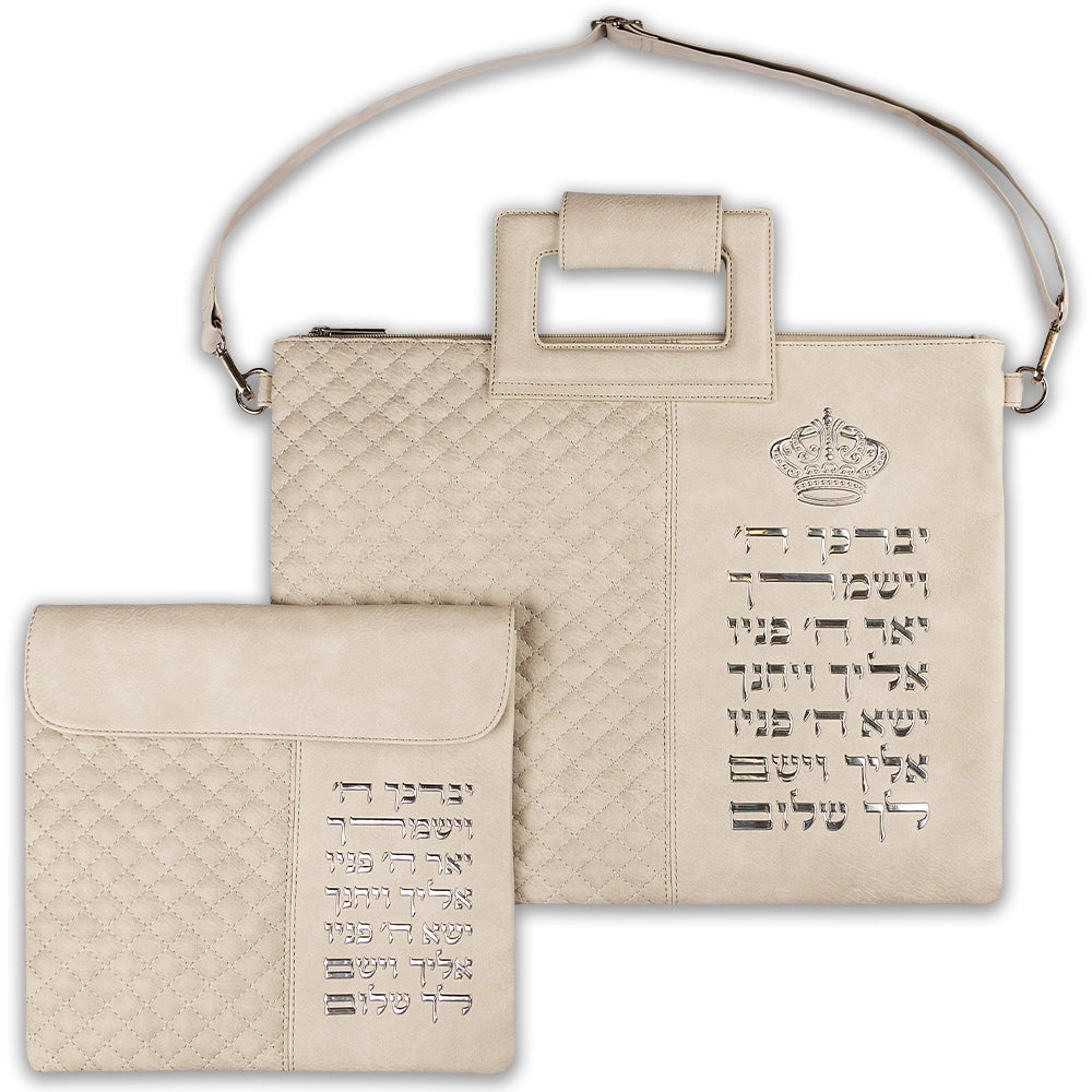 תיק מפואר לטלית דמוי עור אפור "יברכך" כסף