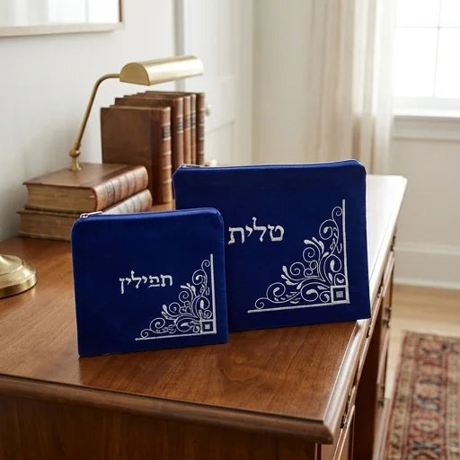 סט טלית ותפילין קטיפה כחול בהיר עם רקמה