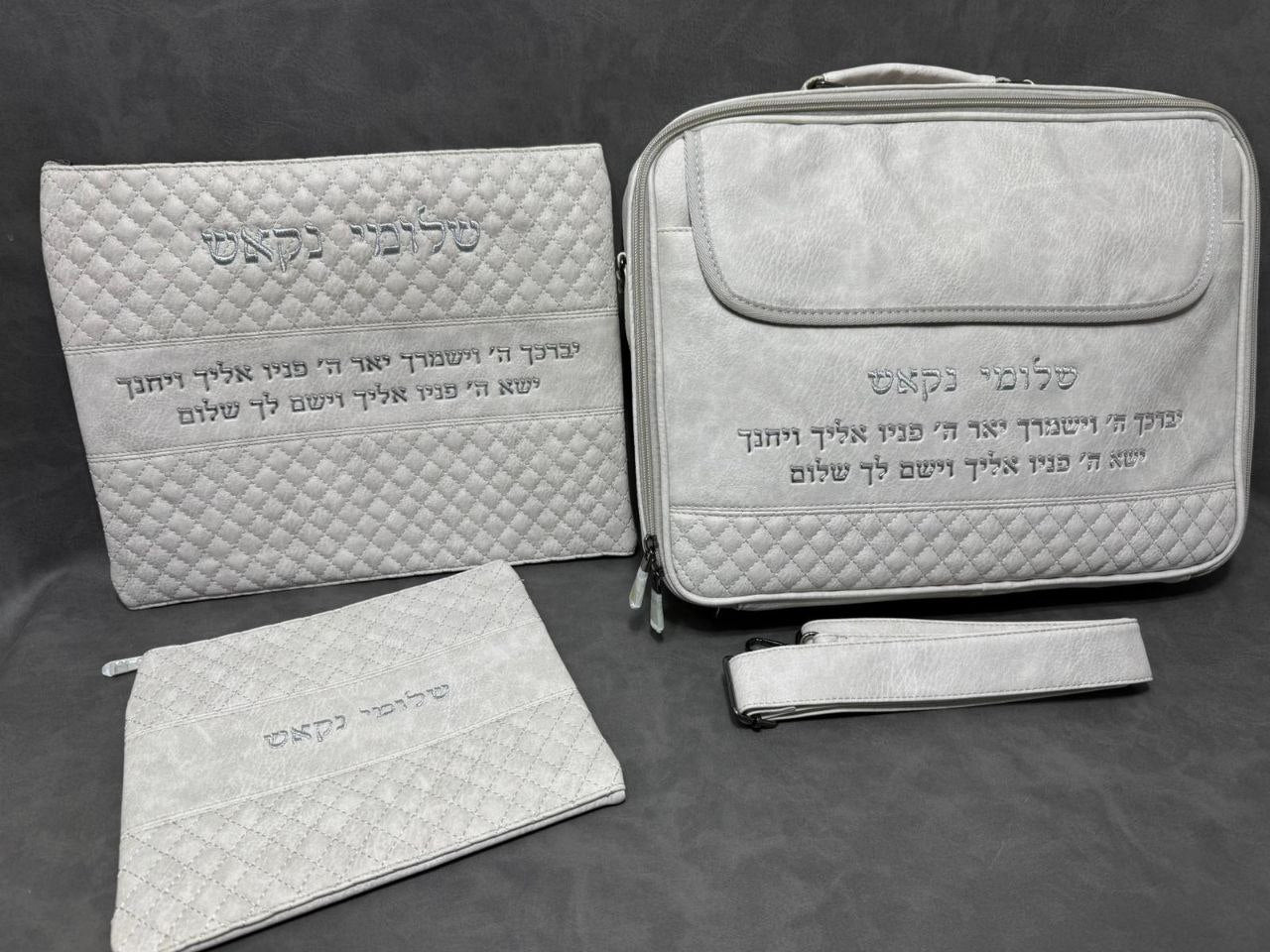 סט פרימיום לטלית ולתפילין – דמוי עור בצבע אבן עם ברכת הכהנים