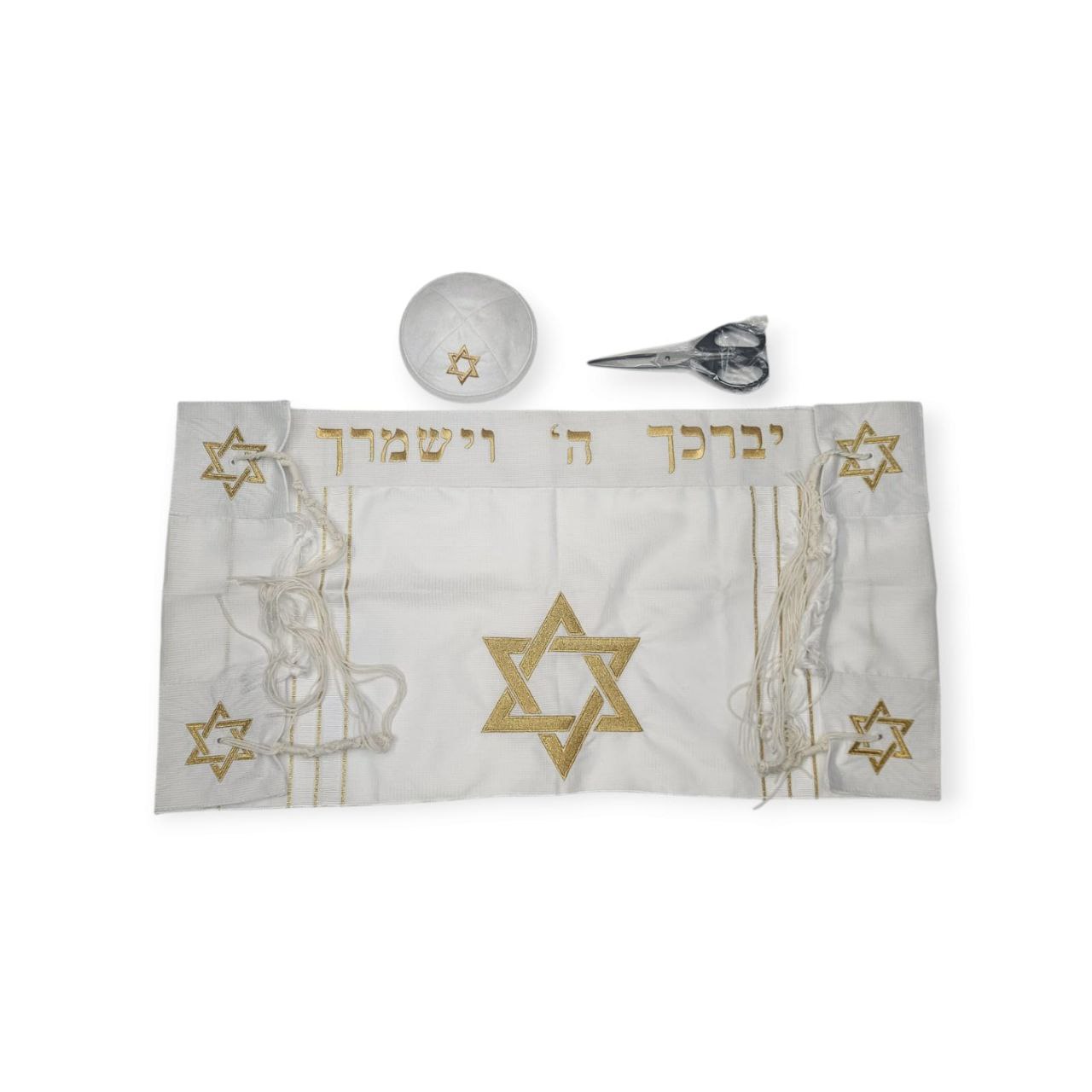 סט חלאקה מהודר – טלית, כיפה ומספריים במארז מעוצב בצבע זהב