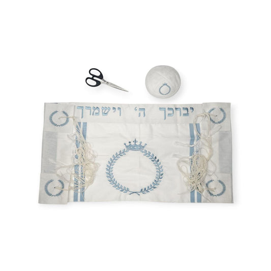 סט חלאקה מהודר – טלית, כיפה ומספריים בעיצוב עלי זית תכלת
