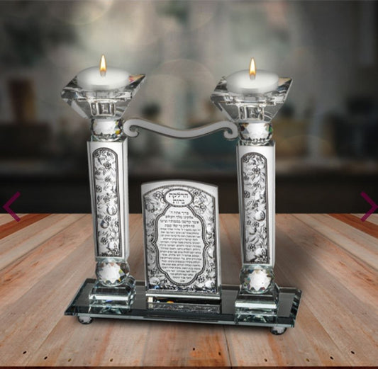 פמוטי קריסטל יוקרתיים "רימונים" עם טס כסף – 21 ס"מ
