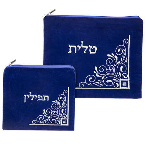 סט טלית ותפילין קטיפה כחול בהיר עם רקמה