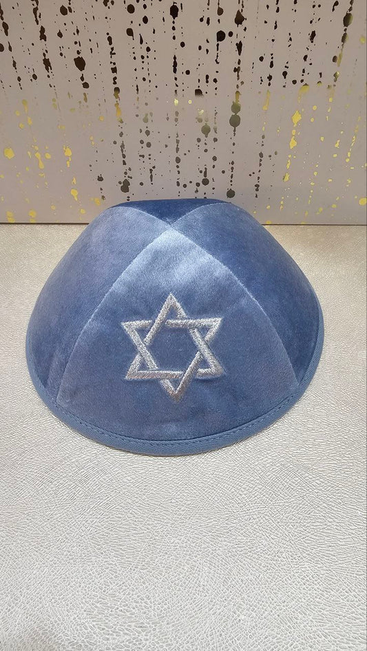 כיפה מרוקאית מהודרת – תכלת עם מגן דוד בכסף